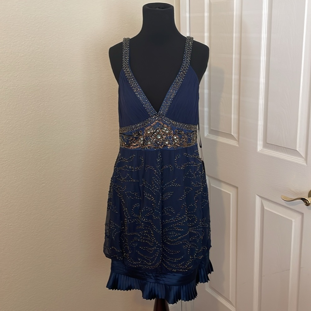 New Sue Wong Navy Blue Beaded Sequins Silk dress
